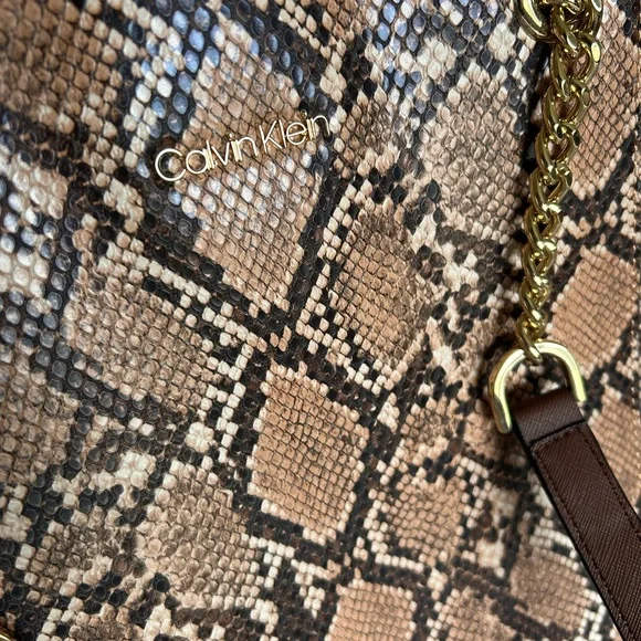 NWT Calvin Klein Tan and Black Snake-Print Chain-Handle Tote - Picture 9 of 9